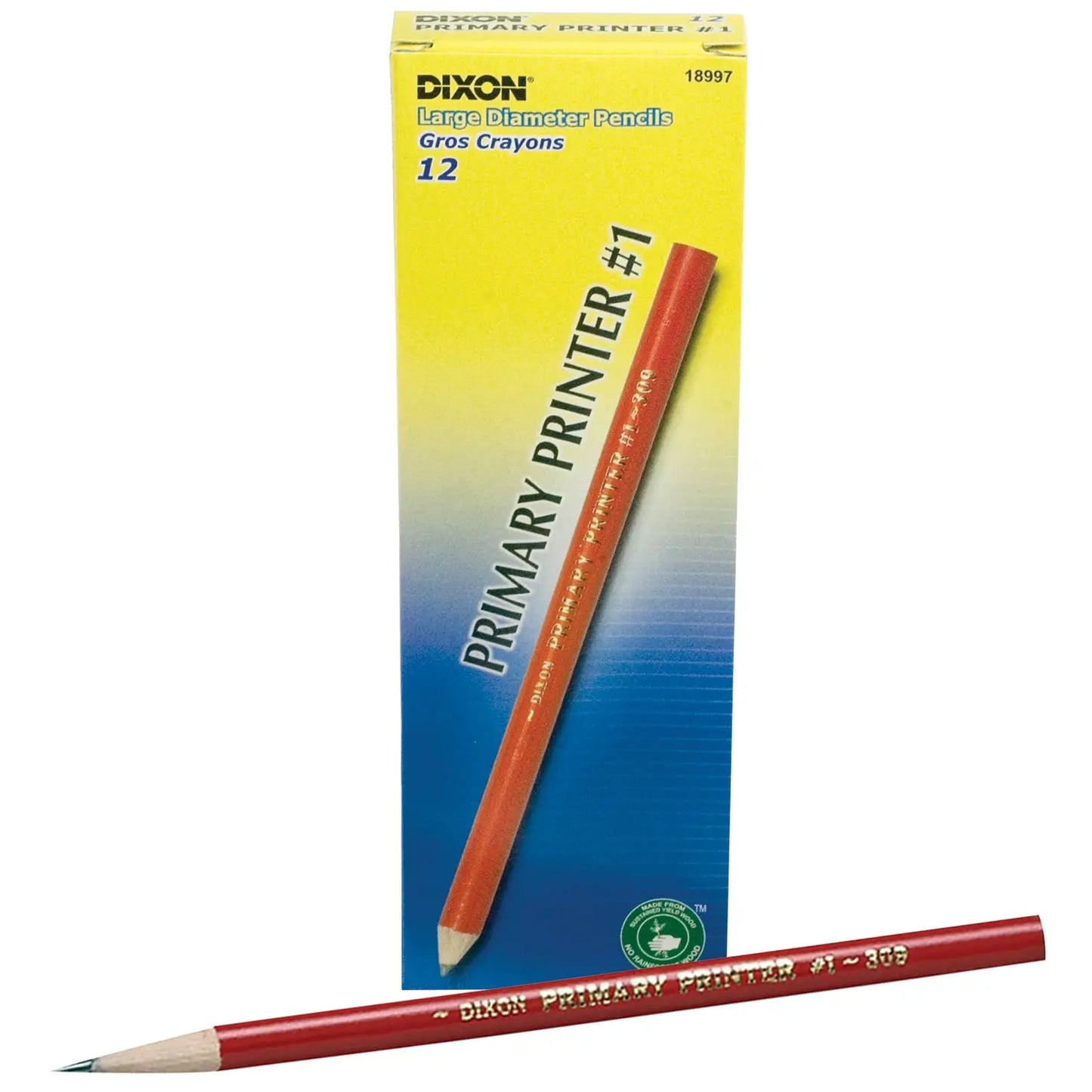 Dixon Primary Printer #1 Thick Black Lead Pencils, Pre-sharpened, Red Barrel, Primary Size 13/32" Diameter, 12/PK