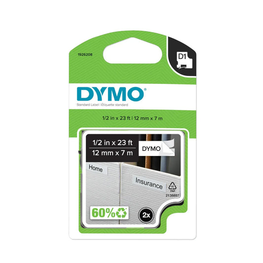 DYMO D1 Label Cassette, Black Type/White Tape, 12 mm x 7 m, Pack of 2