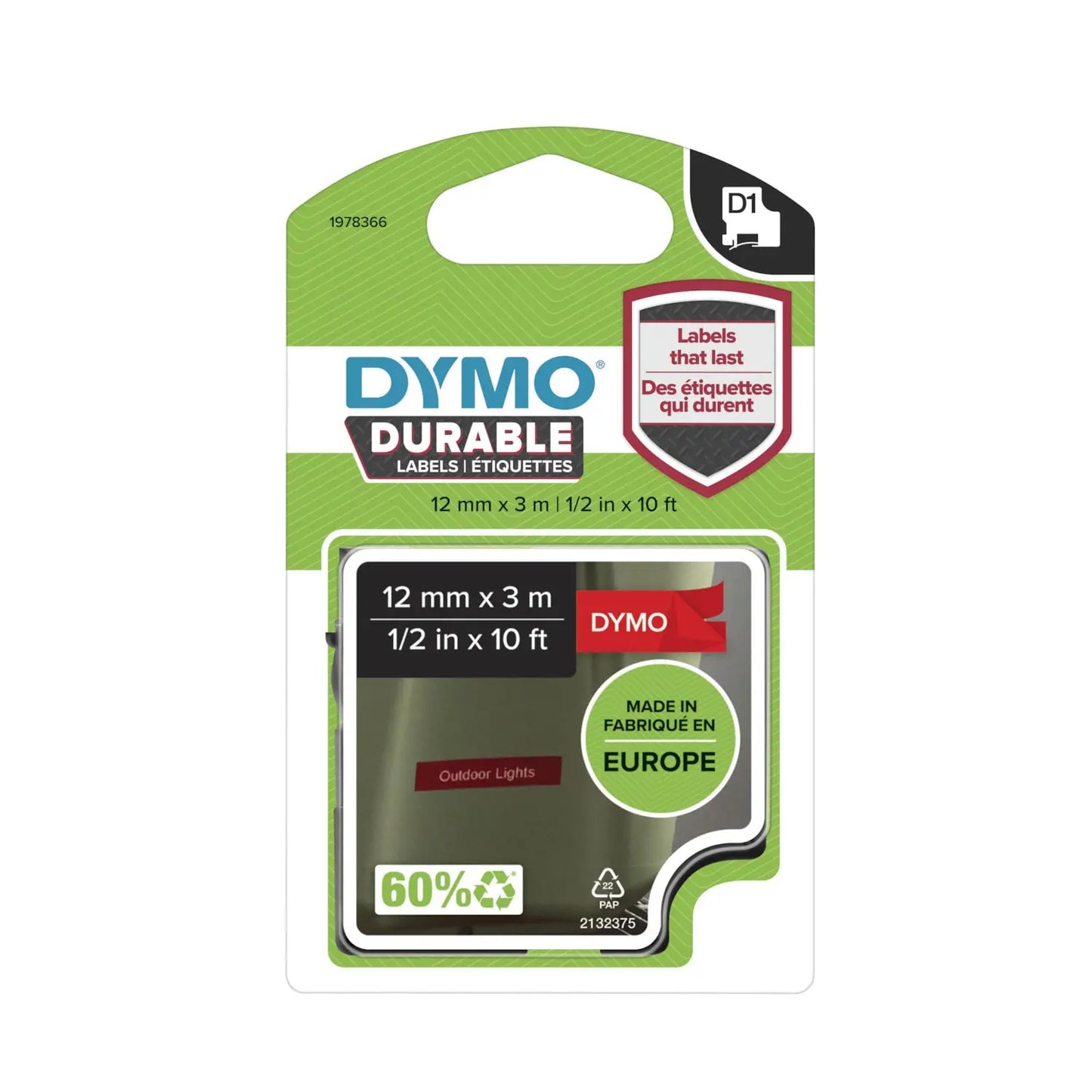 DYMO D1 Durable Label Cassette, White Ink/Red Tape, 12 mm x 3 m