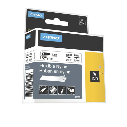 DYMO Rhino Industrial Flexible Nylon Label Tape, Black Type on White Tape, 12 mm x 3-1/2 m