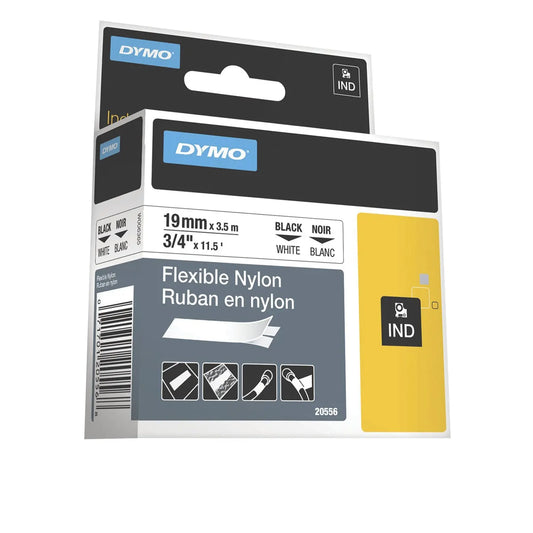 DYMO Rhino Industrial Flexible Nylon Label Tape, Black Type on White Tape, 19 mm x 3-1/2 m