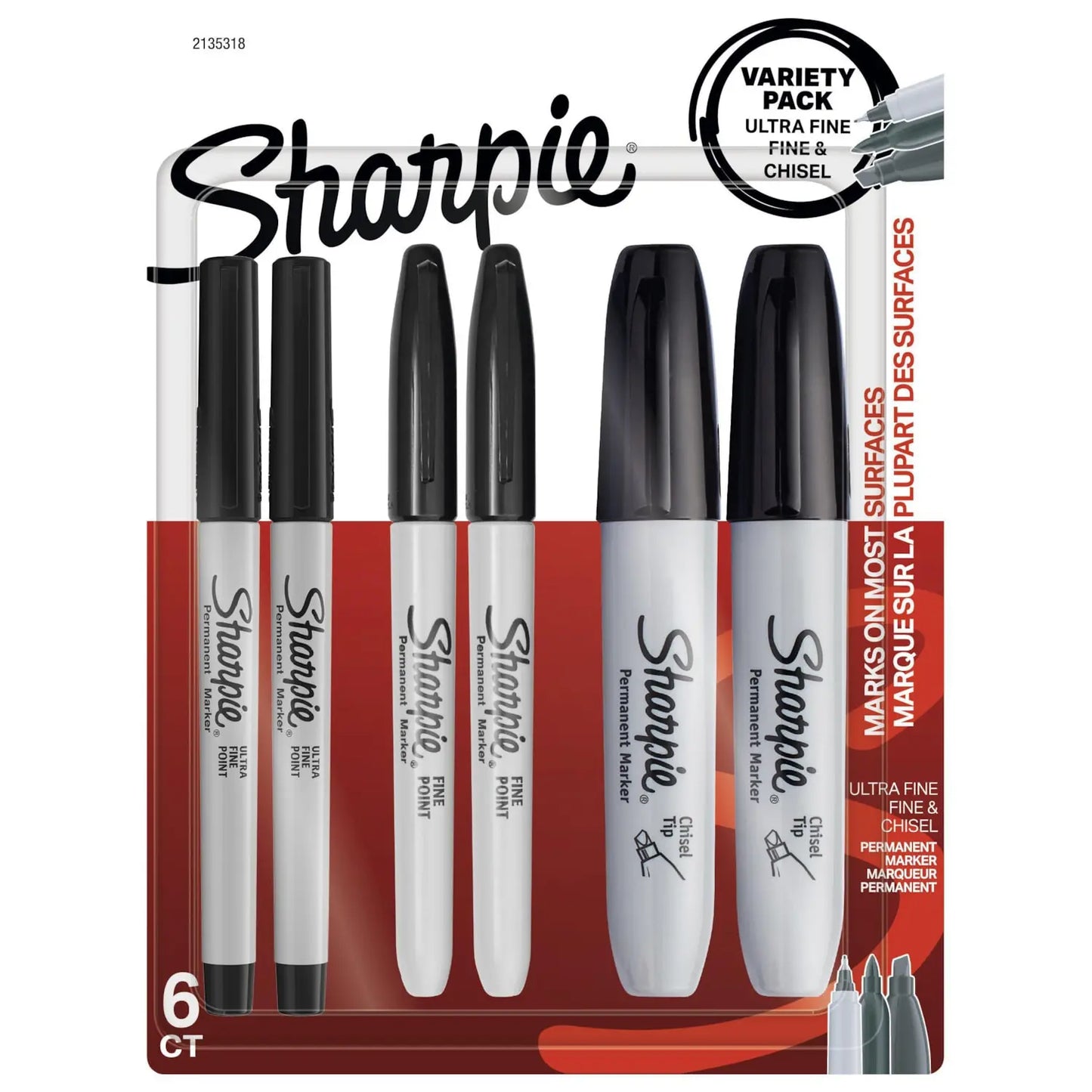 Sharpie Permanent Markers Variety Pack, Black, Fine/Ultra-Fine/Chisel Tip, Black (6/PK)