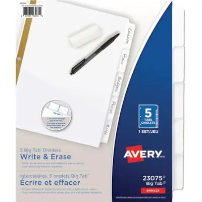 Avery Big Tab Write & Erase Dividers, White, Letter-Size, Set of 5 Tabs