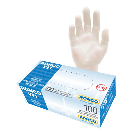 RONCO VE1 Vinyl Examination Gloves, Small, 3 mil, Clear, Box of 100