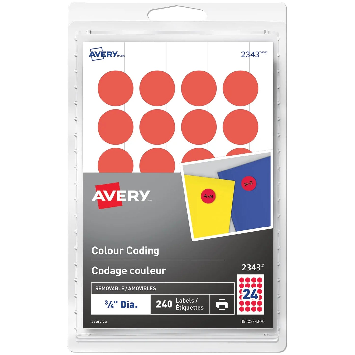 Avery Removable Colour-Coding Labels, Red, 3/4" Diameter, Sheet of 24 Labels, Pack of 10 Sheets