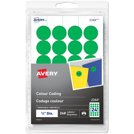 Avery Removable Colour-Coding Labels, Green, 3/4" Diameter, Sheet of 24 Labels, Pack of 20 Sheets