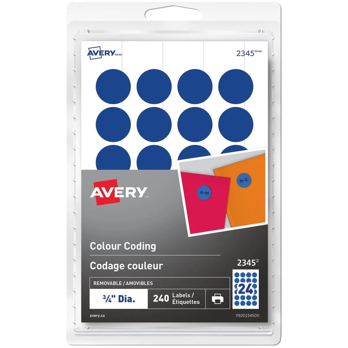 Avery 2345 Non-Printable Removable Colour-Coding Labels, Blue, 3/4" Diameter, Sheet of 24 Labels, Pack of 10 Sheets