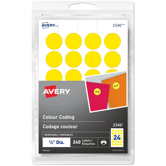 Avery Removable Colour-Coding Labels, Yellow, 3/4" Diameter, Sheet of 24 Labels, Pack of 10 Sheets