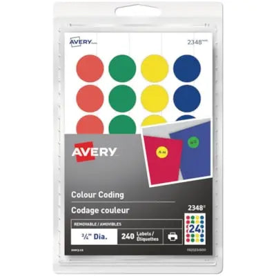 Avery Removable Colour Coding Labels, Assorted Colours, 3/4", Sheet of 24 Labels, Pack of 10 Sheets