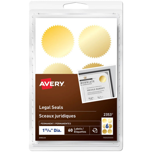 Avery Legal Seals, Gold, Round, 1-15/16" Diameter, Sheet of 6 Labels, Pack of 10 Sheets