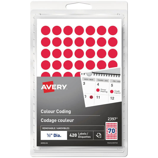 Avery Removable Colour-Coding Labels, Red, 1/2" Diameter, Sheet of 70 Labels, Pack of 6 Sheets