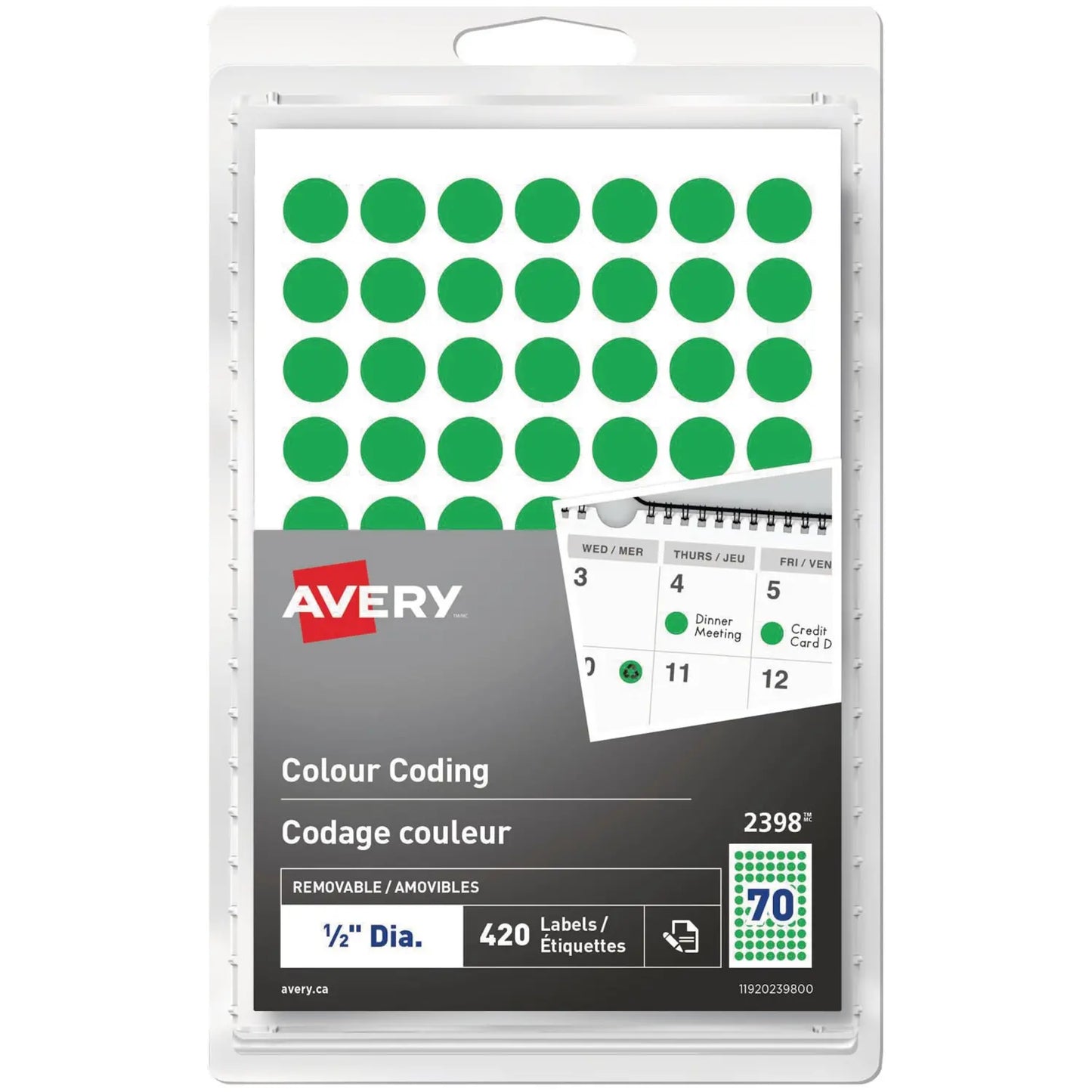 Avery 2398 Non-Printable Removable Colour-Coding Labels, Green, 1/2" Diameter, Sheet of 70 Labels, Pack of 6 Sheets