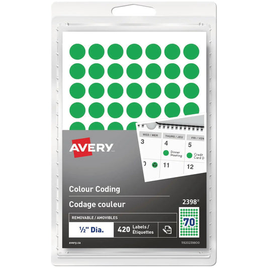 Avery 2398 Non-Printable Removable Colour-Coding Labels, Green, 1/2" Diameter, Sheet of 70 Labels, Pack of 6 Sheets