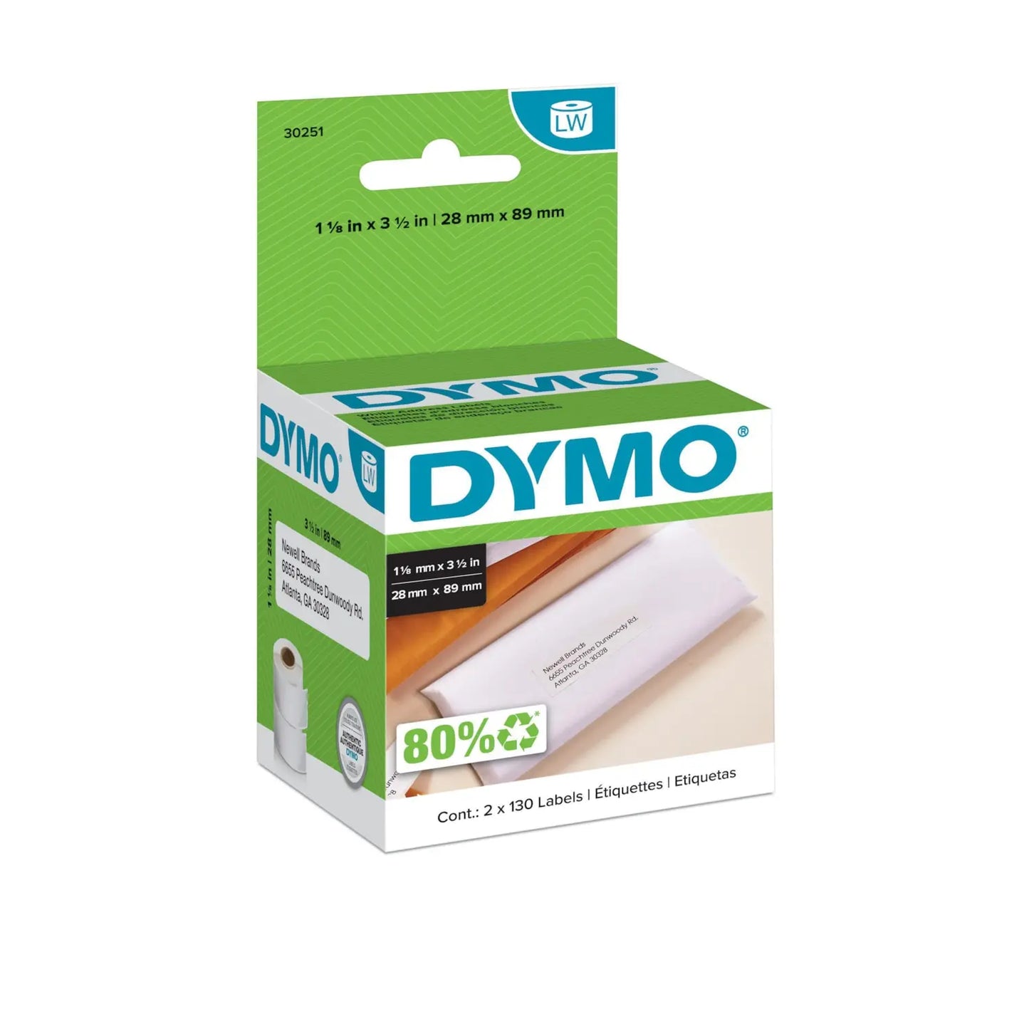 DYMO LabelWriter Address Thermal Labels, White, 1-1/8" x 3-1/2", Roll of 130 Labels, Box of 2 Rolls