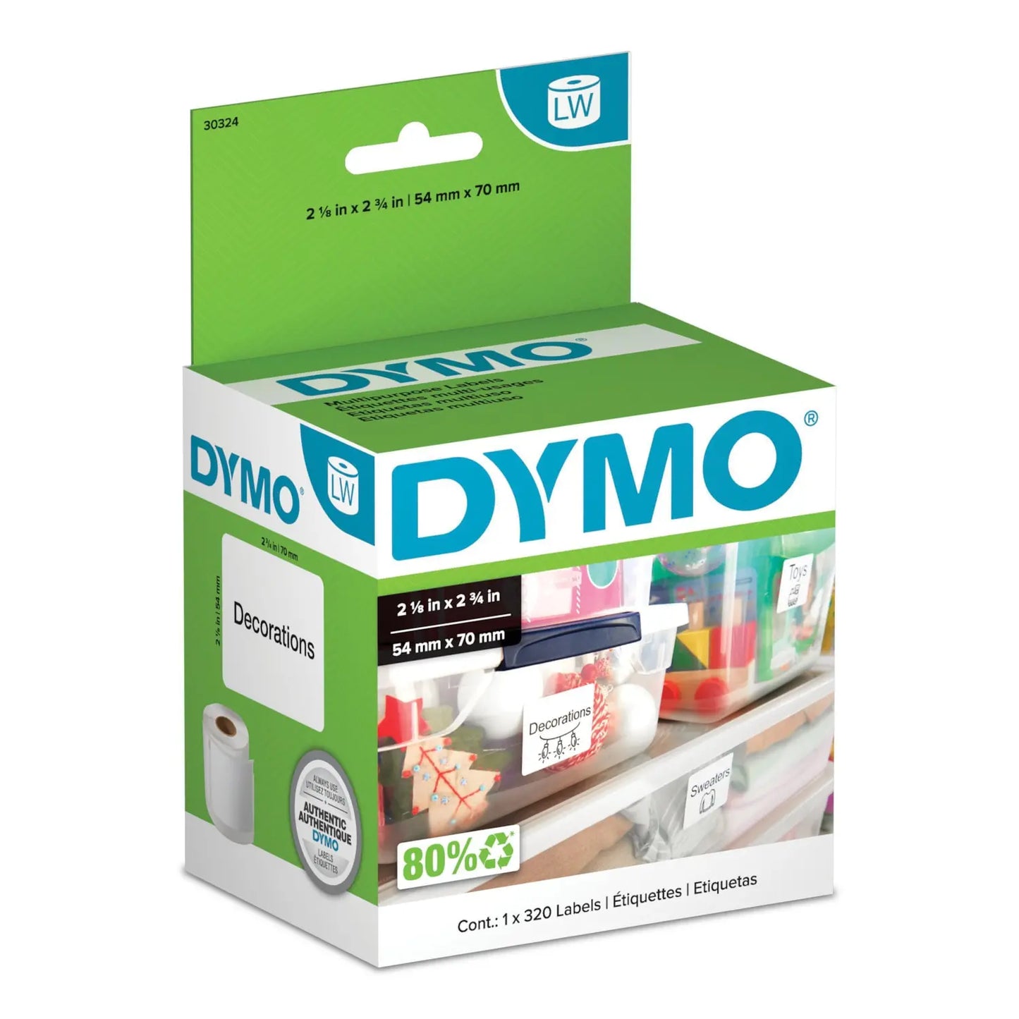 DYMO LabelWriter Large Multi-Purpose Thermal Labels, White, 2-1/8" x 2-3/4", Roll of 320 Labels