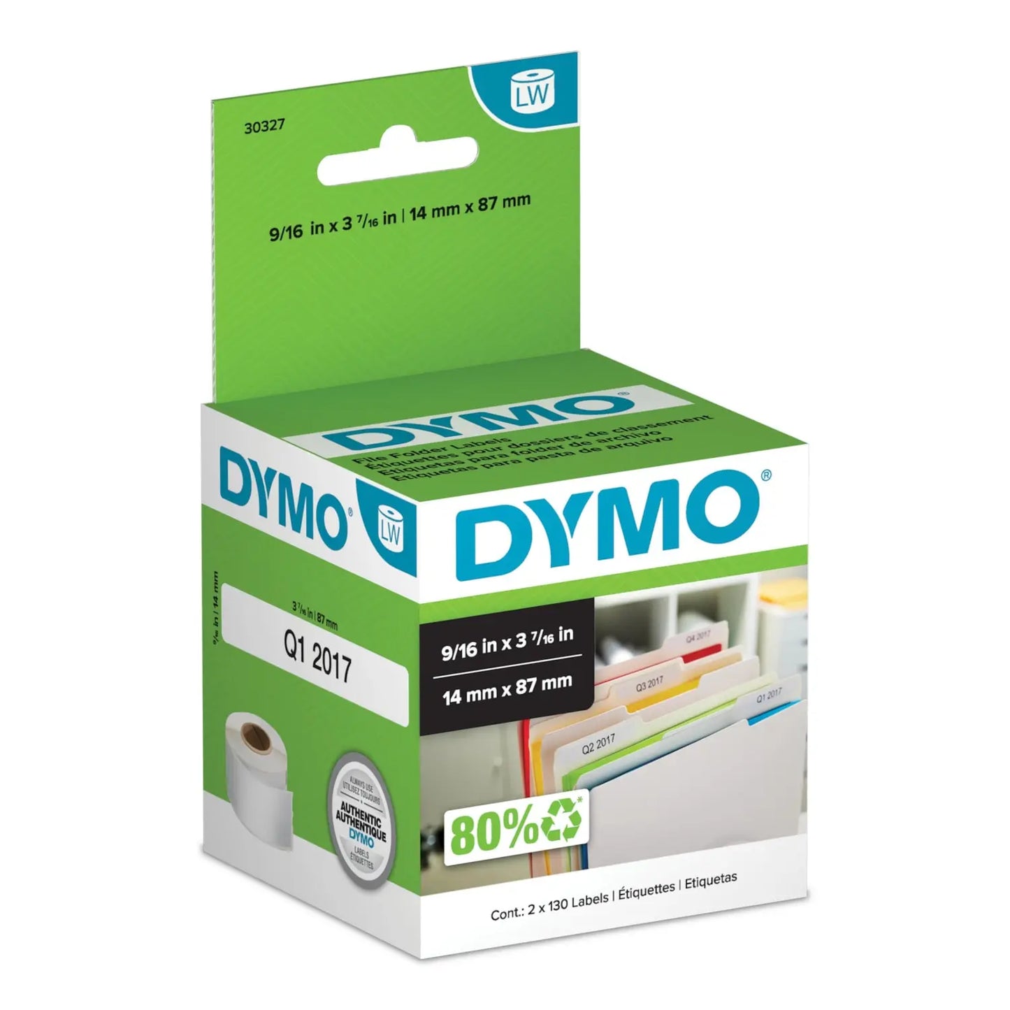 DYMO LabelWriter File Folder Thermal Labels, White, 9-1/6" x 3-7/16", Roll of 130 Labels, Box of 2 Rolls