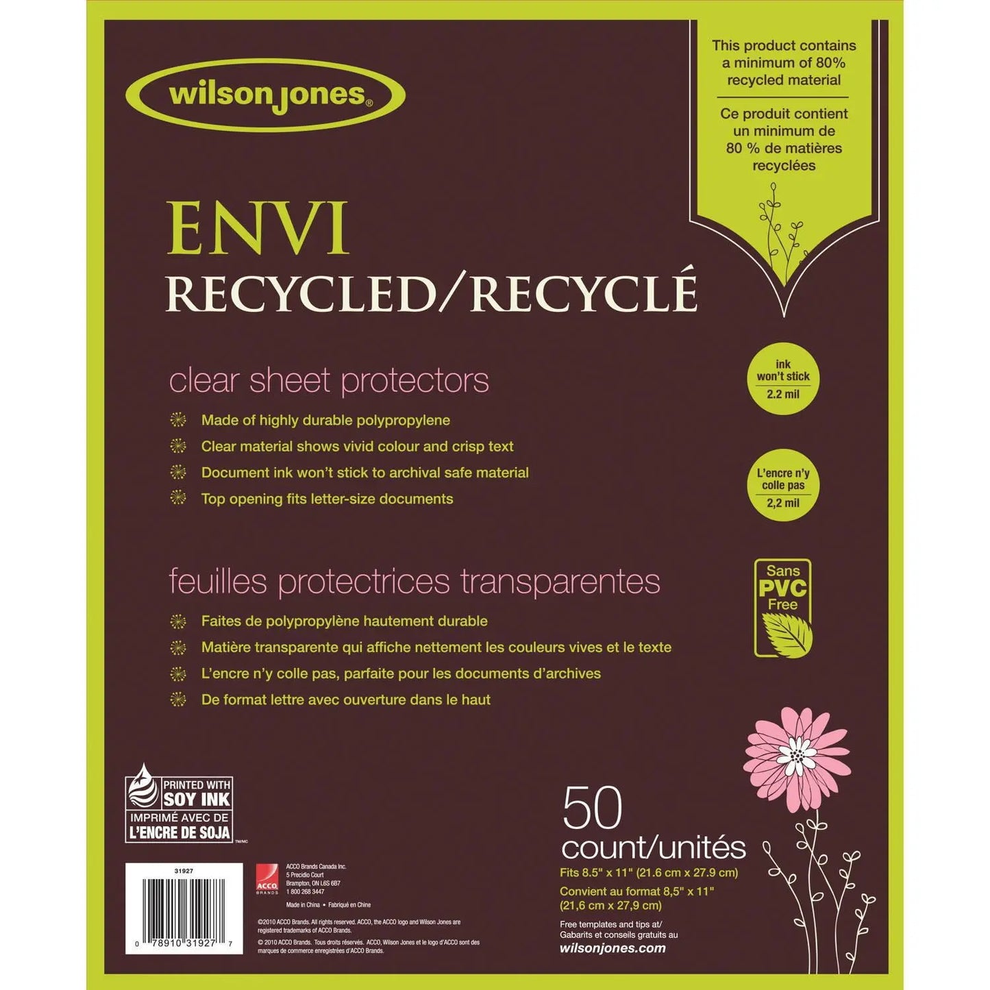 Wilson Jones Envi Recycled Letter-Size Sheet Protectors, Clear, Pack of 50