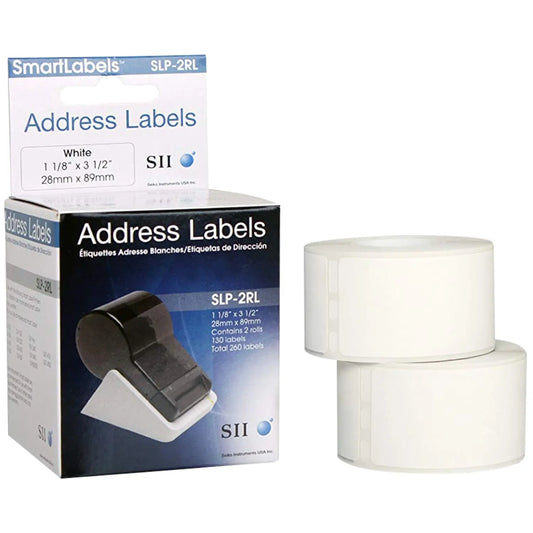 Seiko Instruments White Address Labels for Smart Label Printers, 3 1/2" x 1 1/8", 130/RL, 2/BX