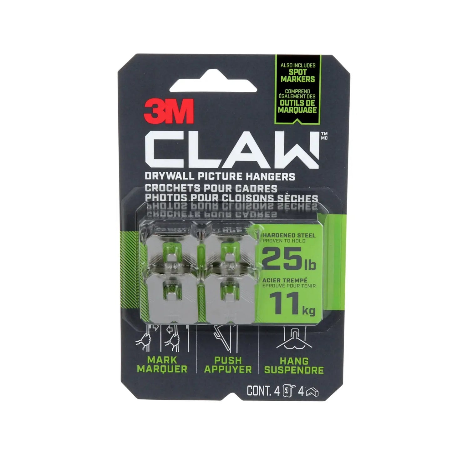 3M CLAW Drywall Picture Hanger with Temporary Spot Marker, Holds 25 lbs, Pack of 4