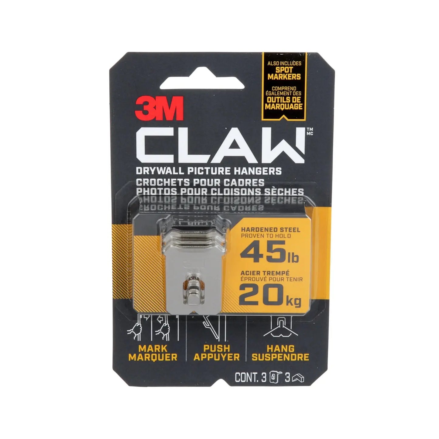 3M CLAW Drywall Picture Hanger with Temporary Spot Marker, Holds 45 lbs, Pack of 3