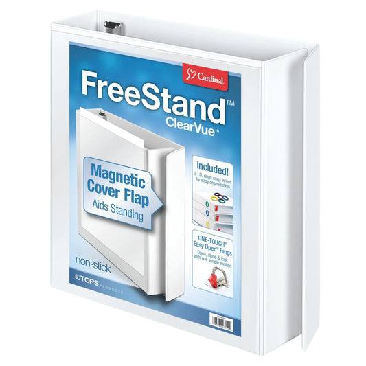 Cardinal FreeStand 2" ClearVue EasyOpen Locking Slant D-Ring Binder, White, Letter Size