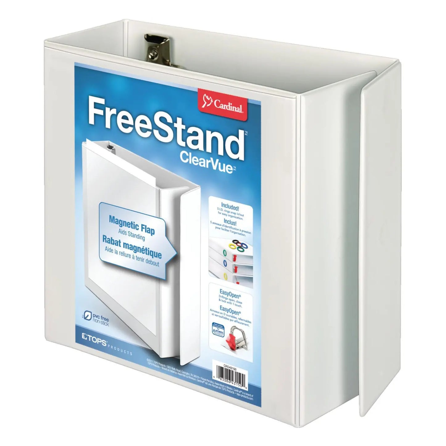 Cardinal FreeStand 5" ClearVue EasyOpen Locking Slant D-Ring Binder, White, Letter Size