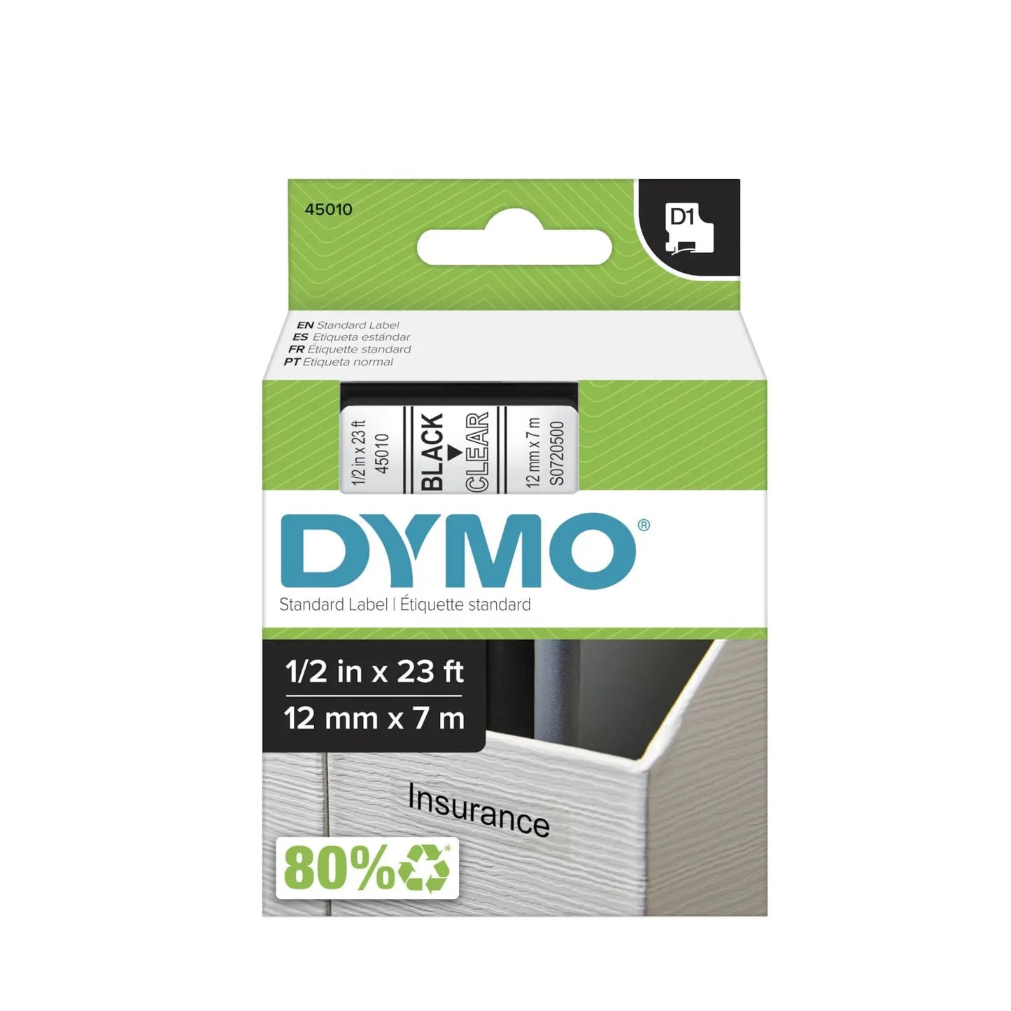 DYMO D1 Label Cassette, Black Type/Clear Tape, 12 mm x 7 m