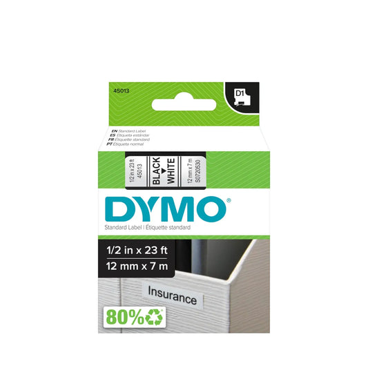 DYMO D1 Label Cassette, Black Type/White Tape, 12 mm x 7 m