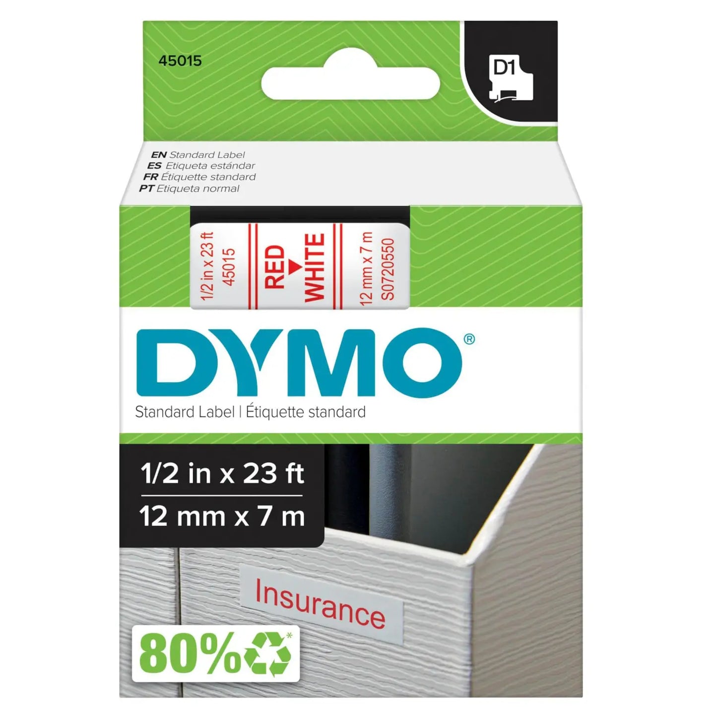 DYMO D1 Label Cassette, Red Type/White Tape, 12 mm x 7 m