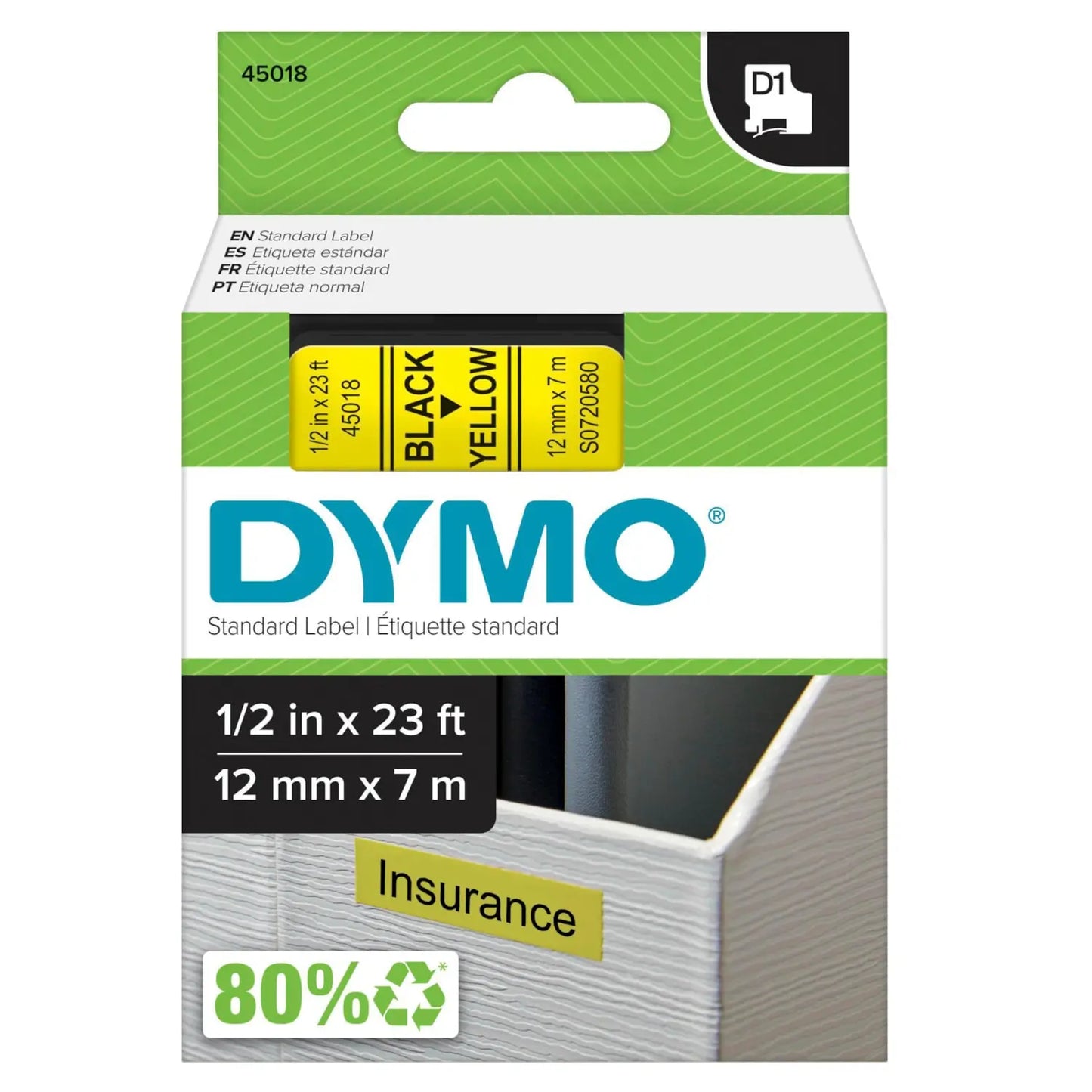 DYMO D1 Label Cassette, Black Type/Yellow Tape, 12 mm x 7 m