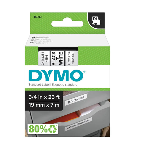 DYMO D1 Label Cassette, Black Type/White Tape, 19 mm x 7 m