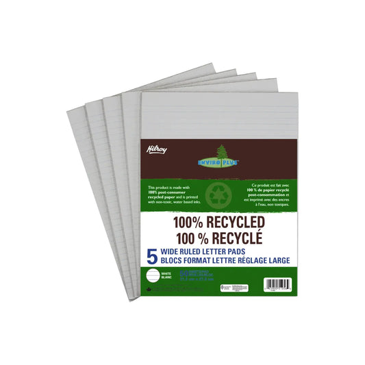 Hilroy Enviro-Plus Recycled Writing Pads, 8 mm Wide Ruled, 8-3/8" × 10-7/8", Pad of 50 Sheets, Pack of 5