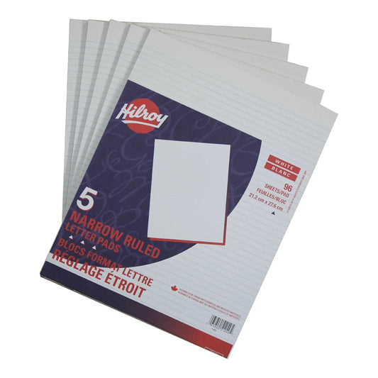 Hilroy Letter Pads, Narrow Ruled, 8-3/8" x 10-7/8", Pad of 96 Sheets, Pack of 5 Pads