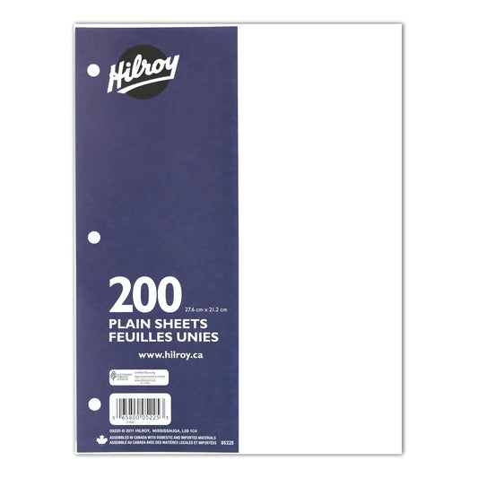 Hilroy Plain Refill Paper, 3 Hole Punched, 10-7/8" x 8-3/8", Pack of 200