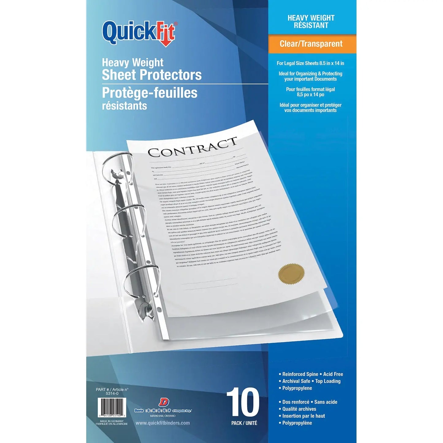 Davis Group QuickFit Heavyweight Legal-Size (8 1/2" x 14") Sheet Protectors, 3 mil, Pack of 10