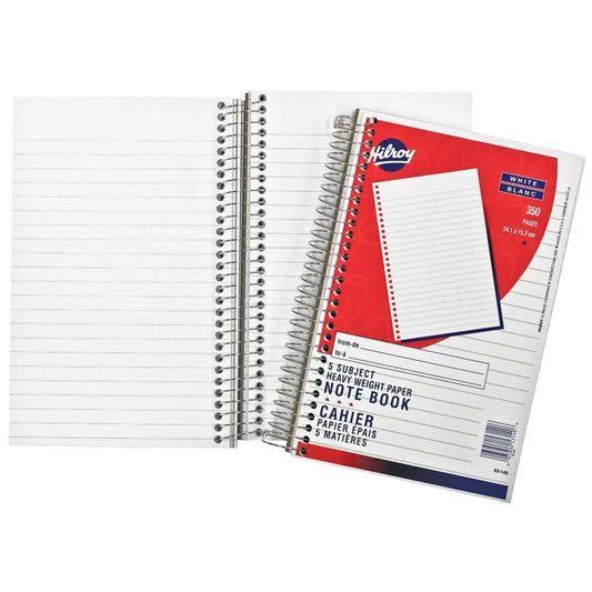 Hilroy 5-Subject Notebook, Coilbound, White, Lined, 6" x 9 1/2", 350 Pages