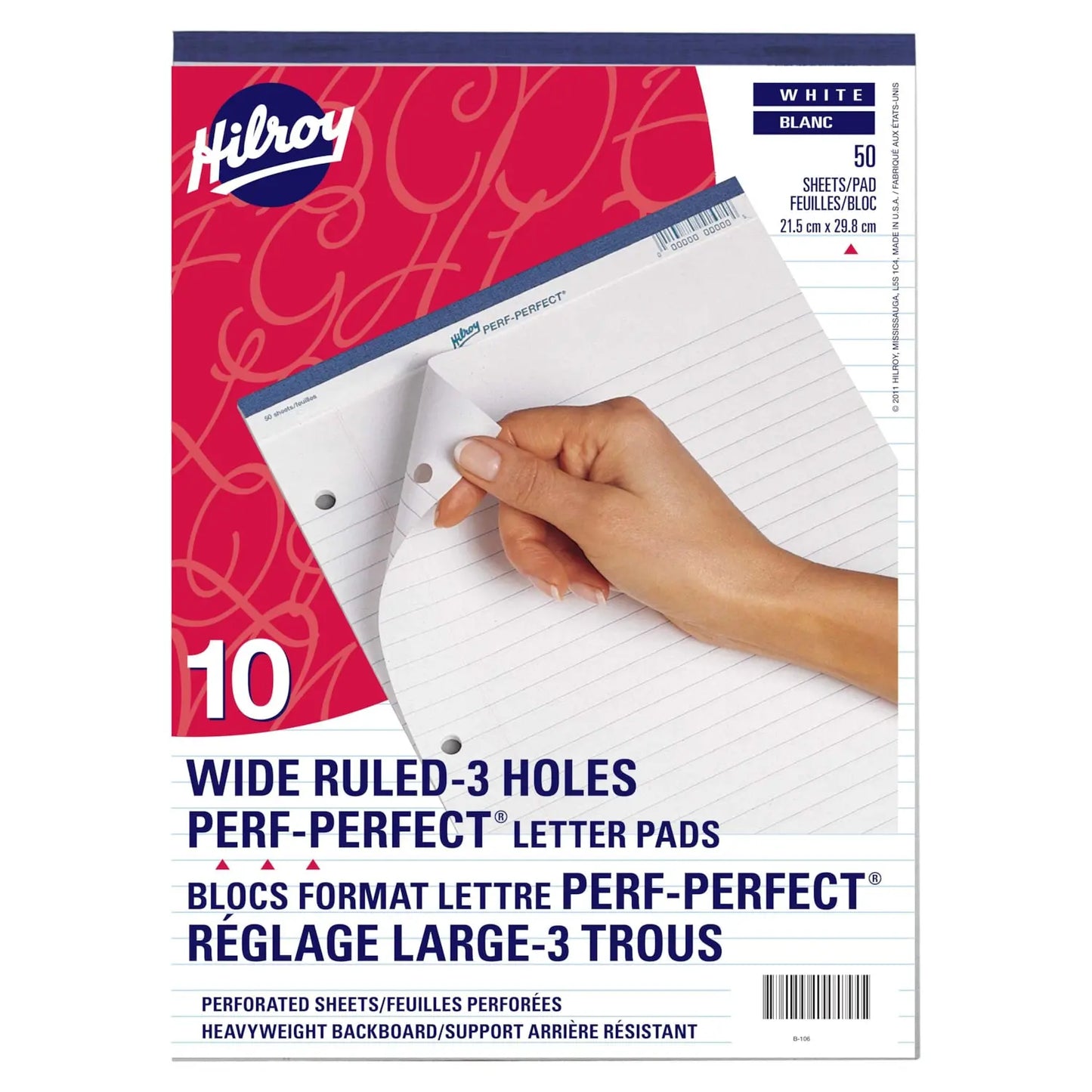 Hilroy Perf-Perfect Wide-Ruled Pads, White, 3-Hole Punched, 8-1/2" x 11"