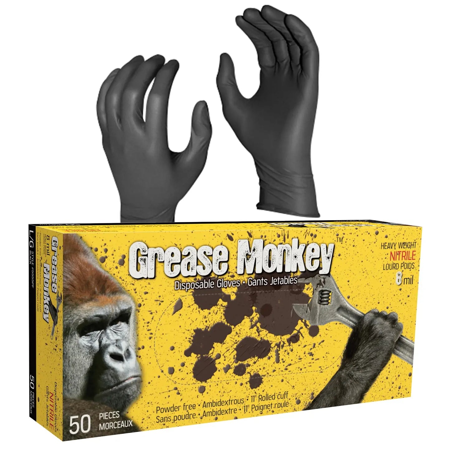 Grease Monkey Disposable Nitrile Gloves, 8 Mil, Large, Black, 50/BX