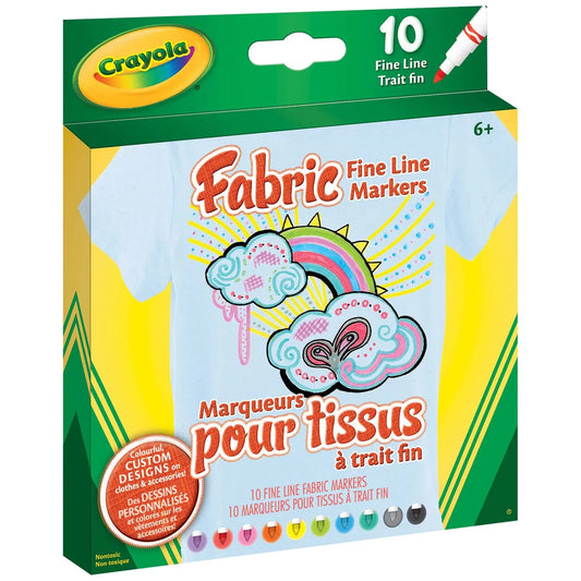 Crayola Fabric Markers, Assorted Colours, Fine Tip, 10/PK