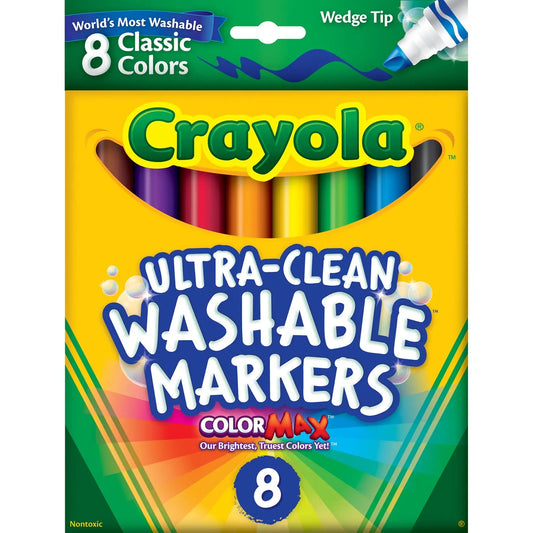 Crayola Ultra-Clean Washable Markers, Assorted Colours, Wedge Tip, 8/PK