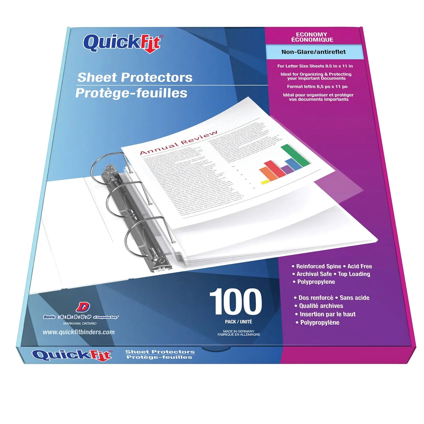 Davis Group QuickFit Economy Letter-Size Non-Glare Sheet Protectors, 2 mil, Box of 100