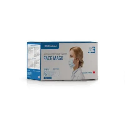 CANADAMASQ Single Use Disposable Face Masks, Adult Size, ASTM Level 3 Certified, Box of 50