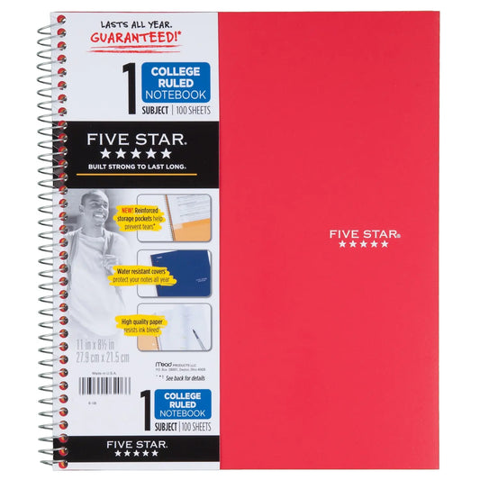 Five Star Wirebound 1-Subject Notebook, Red, 8 1/2" x 11", 100 Sheets/200 Pages