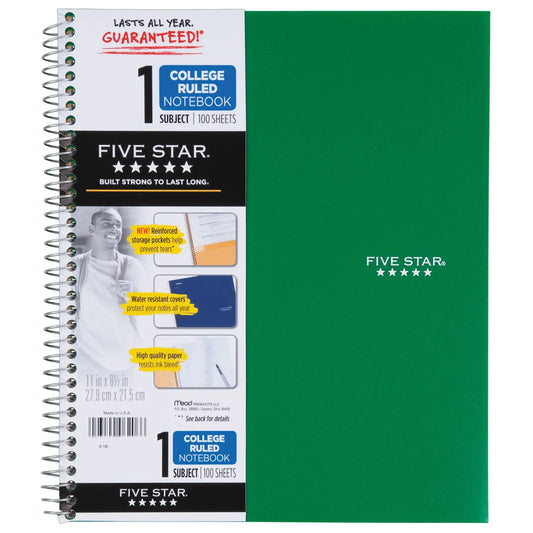 Five Star Wirebound 1-Subject Notebook, Green, 8 1/2" x 11", 100 Sheets/200 Pages