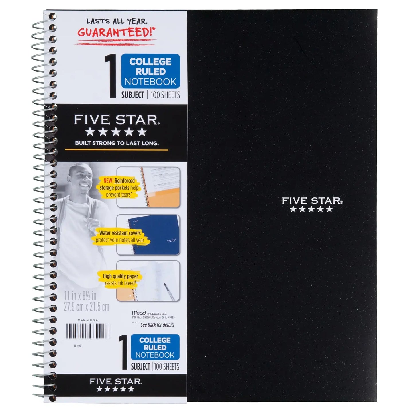 Five Star Wirebound 1-Subject Notebook, Black, 8 1/2" x 11", 100 Sheets/200 Pages