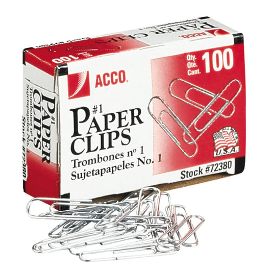 Acco Paper Clips, #1, Smooth Finish, Silver, 100/BX