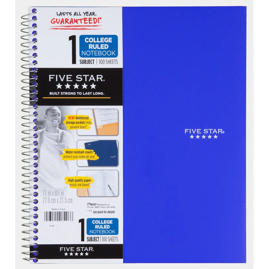 Five Star Wirebound 1-Subject Notebook, Blue, 8 1/2" x 11", 100 Sheets/200 Pages