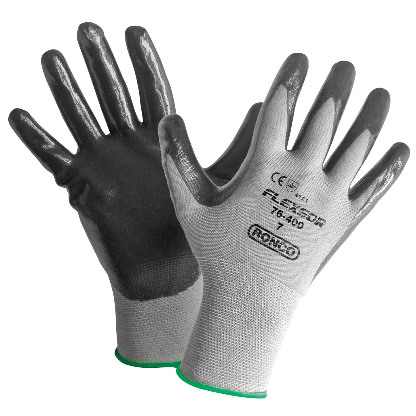 Ronco Flexsor Nitrile Palm Coated Gloves, Small, Grey/Green Wrist, 12 Pairs/PK