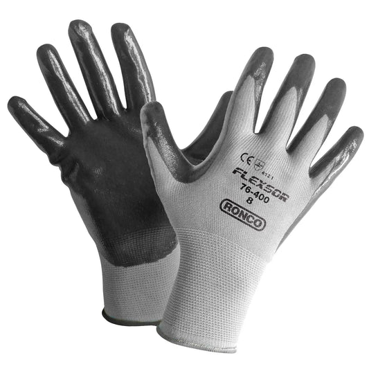 Ronco Flexsor Nitrile Palm Coated Gloves, Medium, Grey/Grey Wrist, 12 Pairs/PK