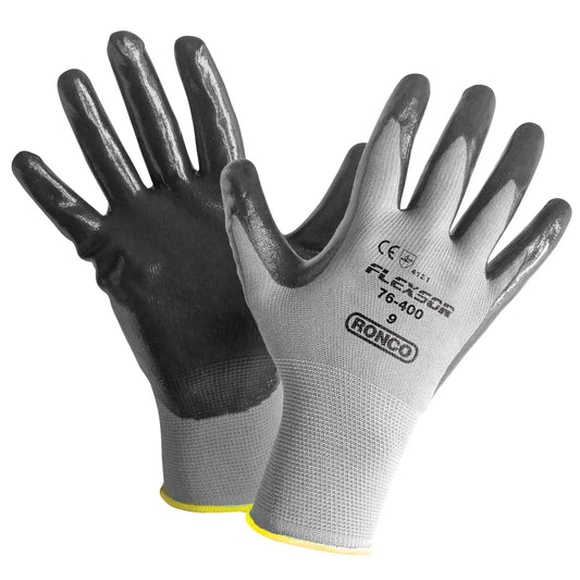 Ronco Flexsor Nitrile Palm Coated Gloves, Large, Grey/Yellow Wrist, 12 Pairs/PK